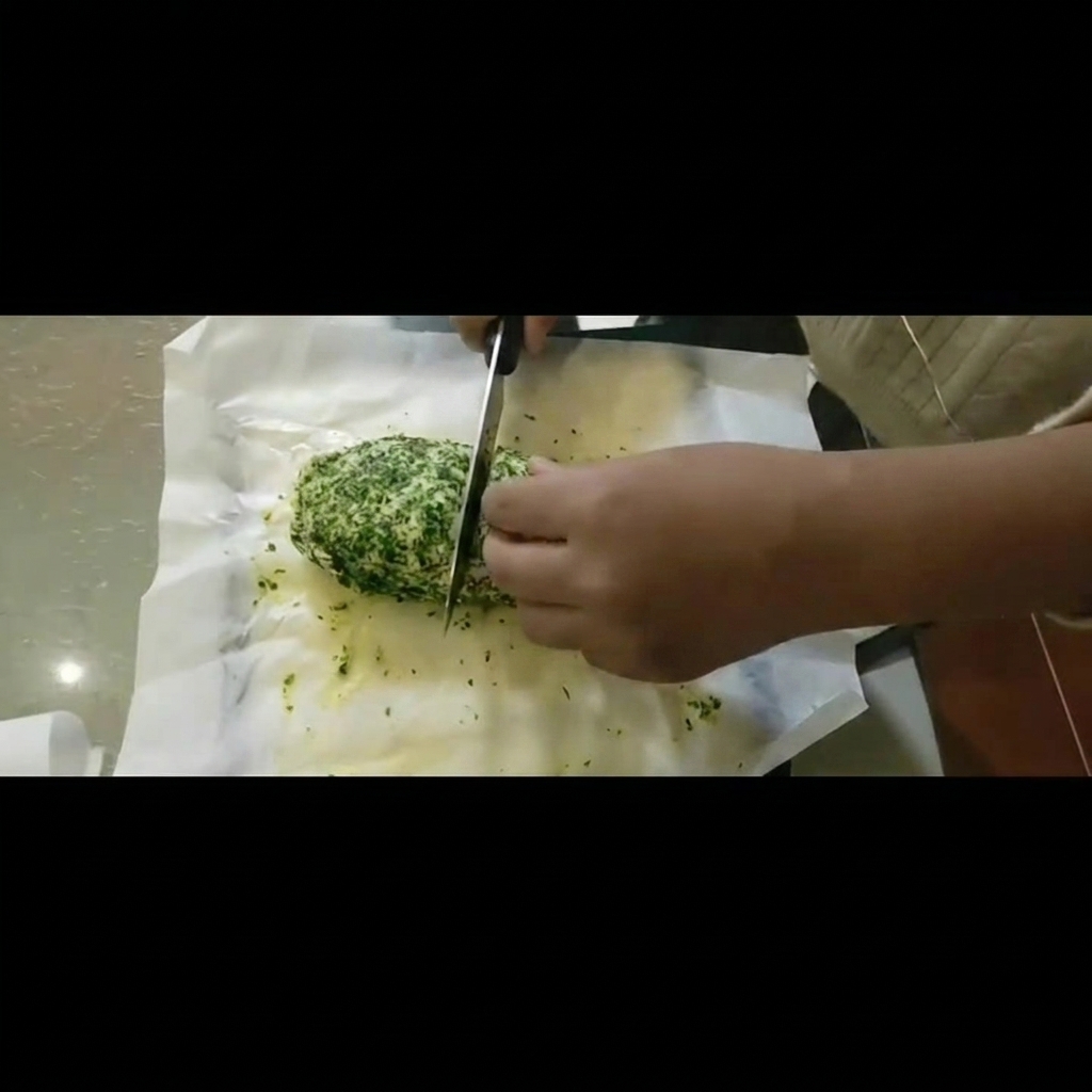Uniformly sliced pieces of garlic herb butter sitting on parchment paper.
