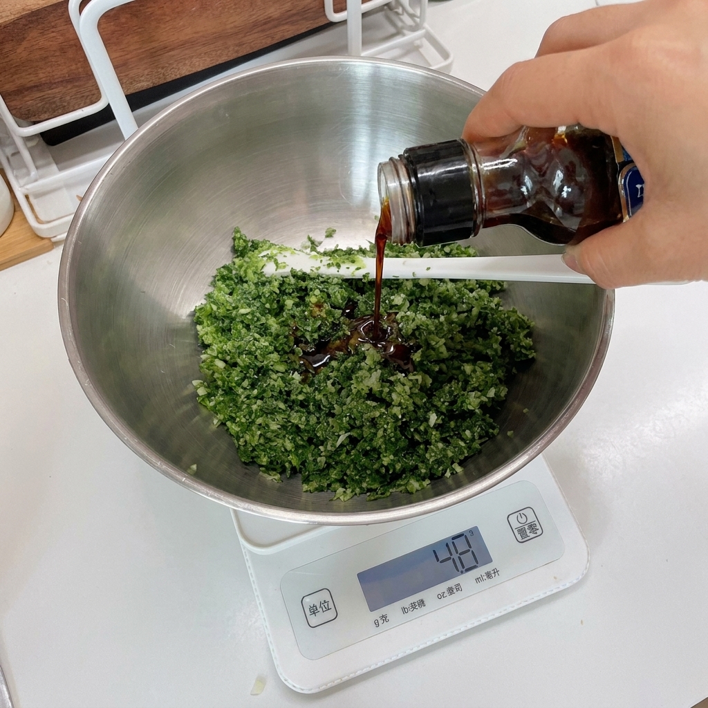 Black pepper being added to the parsley mixture resting in a bowl on a digital kitchen scale.
