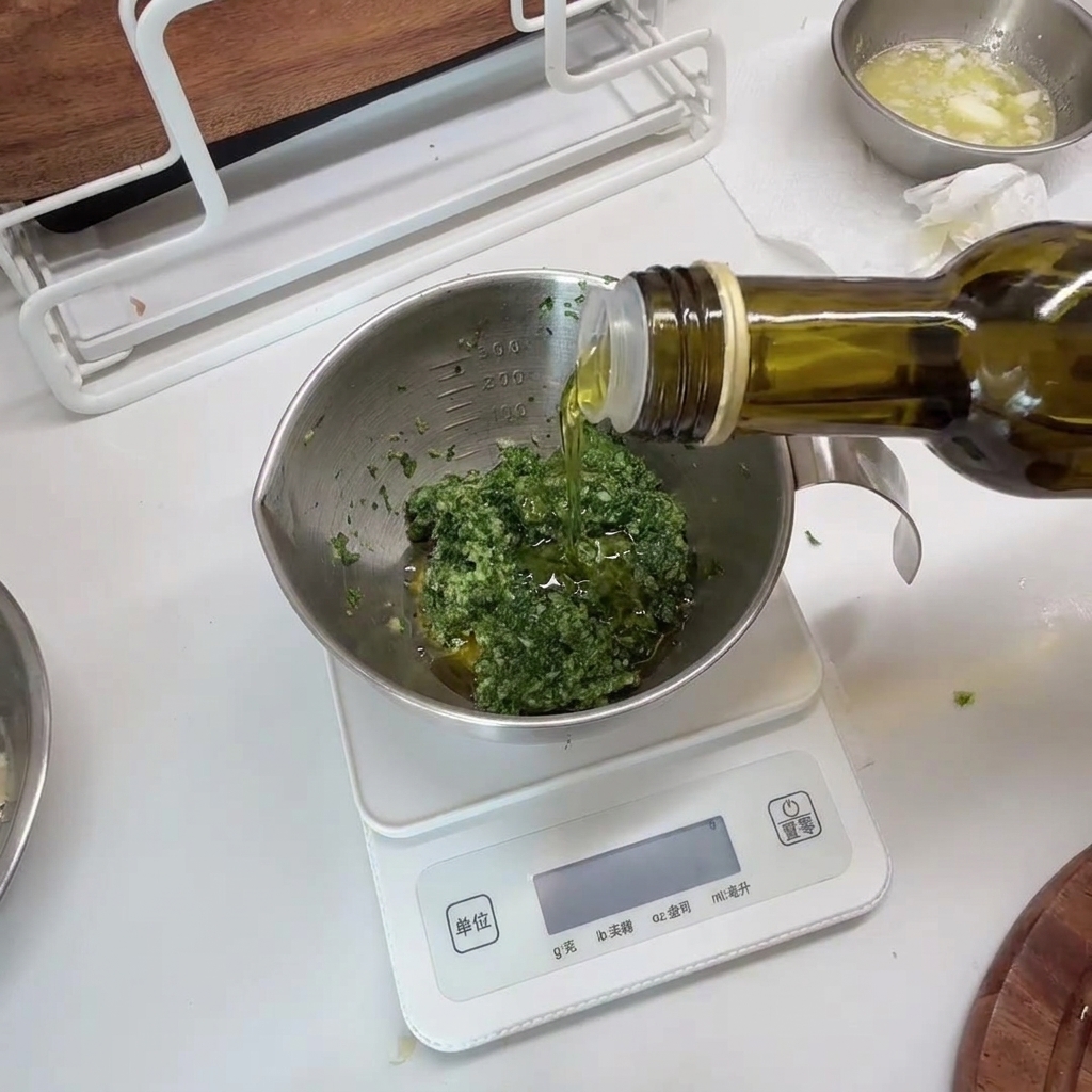A metal measuring bowl containing the green parsley mixture with olive oil being poured into it from a glass bottle.