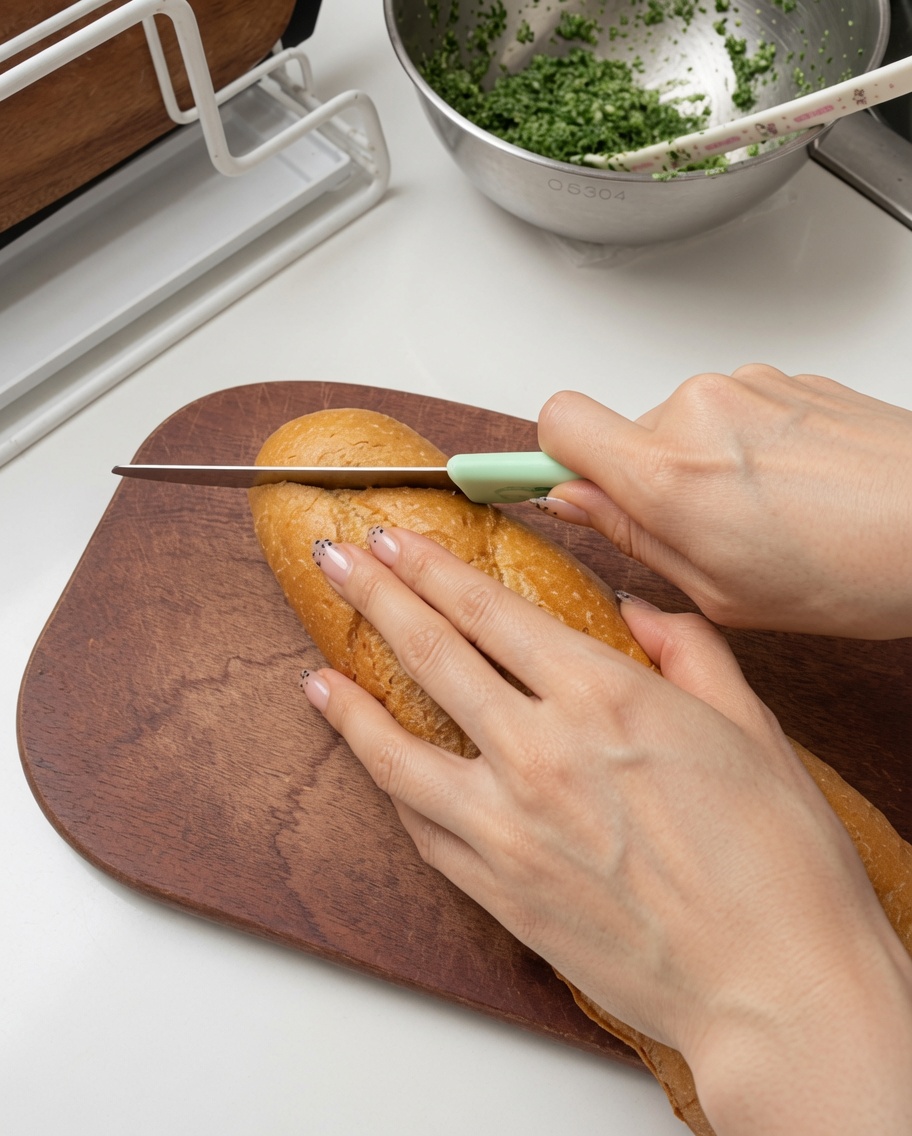 Hands using a serrated knife to slice a fresh baguette on a wooden cutting board.