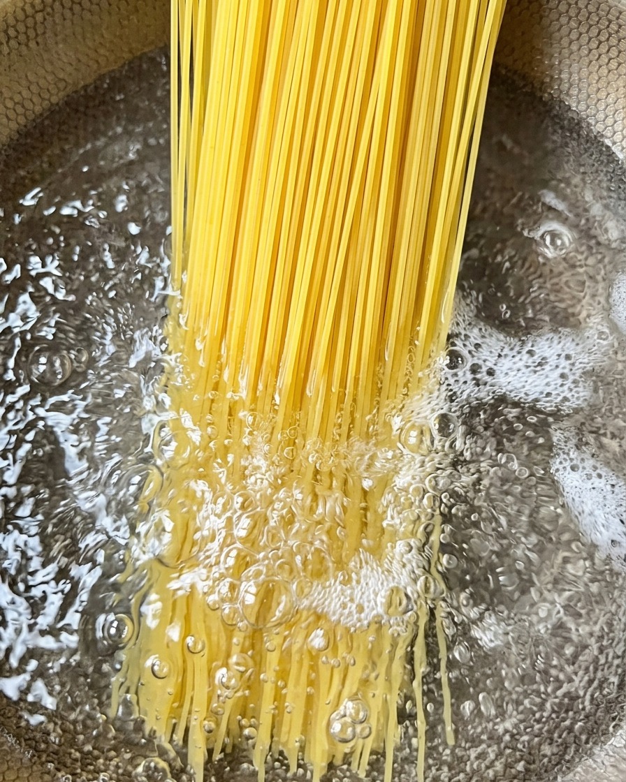 Thin pasta strands submerging into a large pot of boiling water.