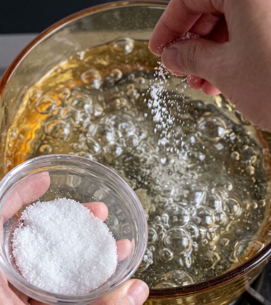 Spaghetti noodles being added to a pot of salted boiling water.
