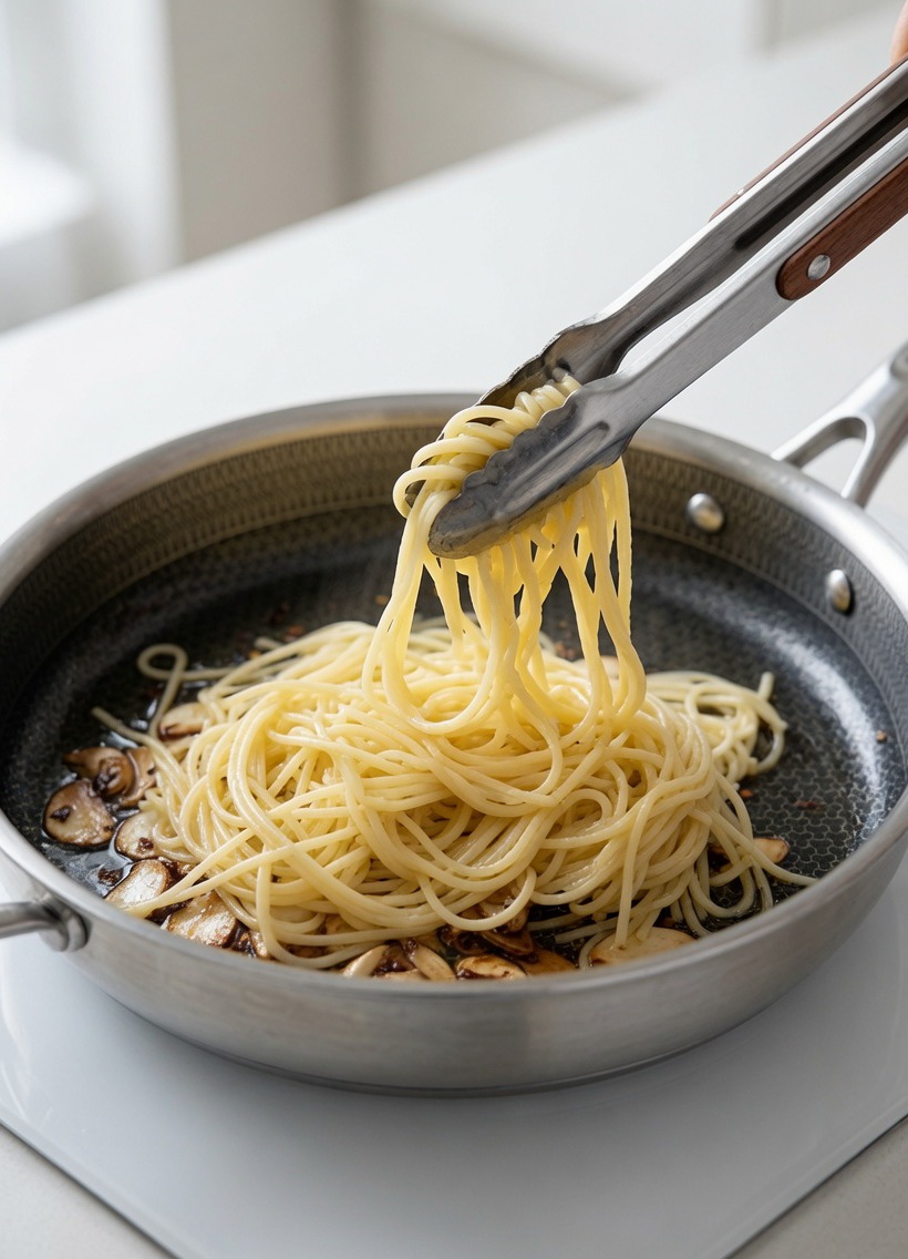 Boiled spaghetti being tossed with garlic and chili in a pan using stainless steel tongs.