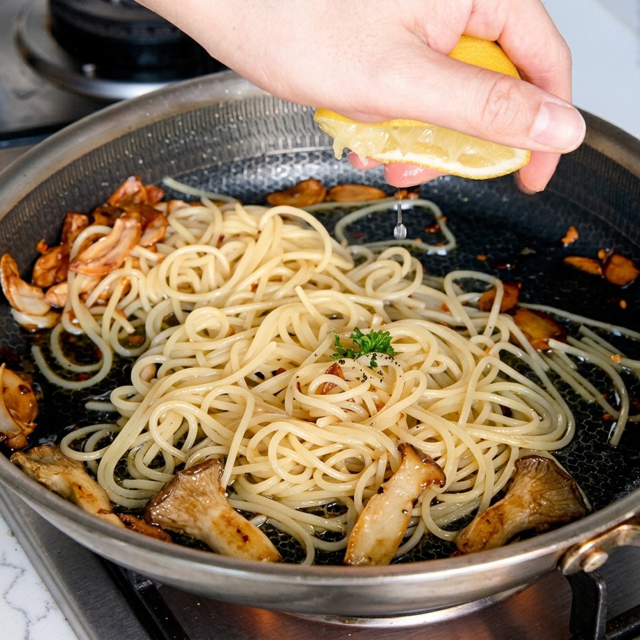Hand squeezing a fresh lemon wedge over the spaghetti in the pan.
