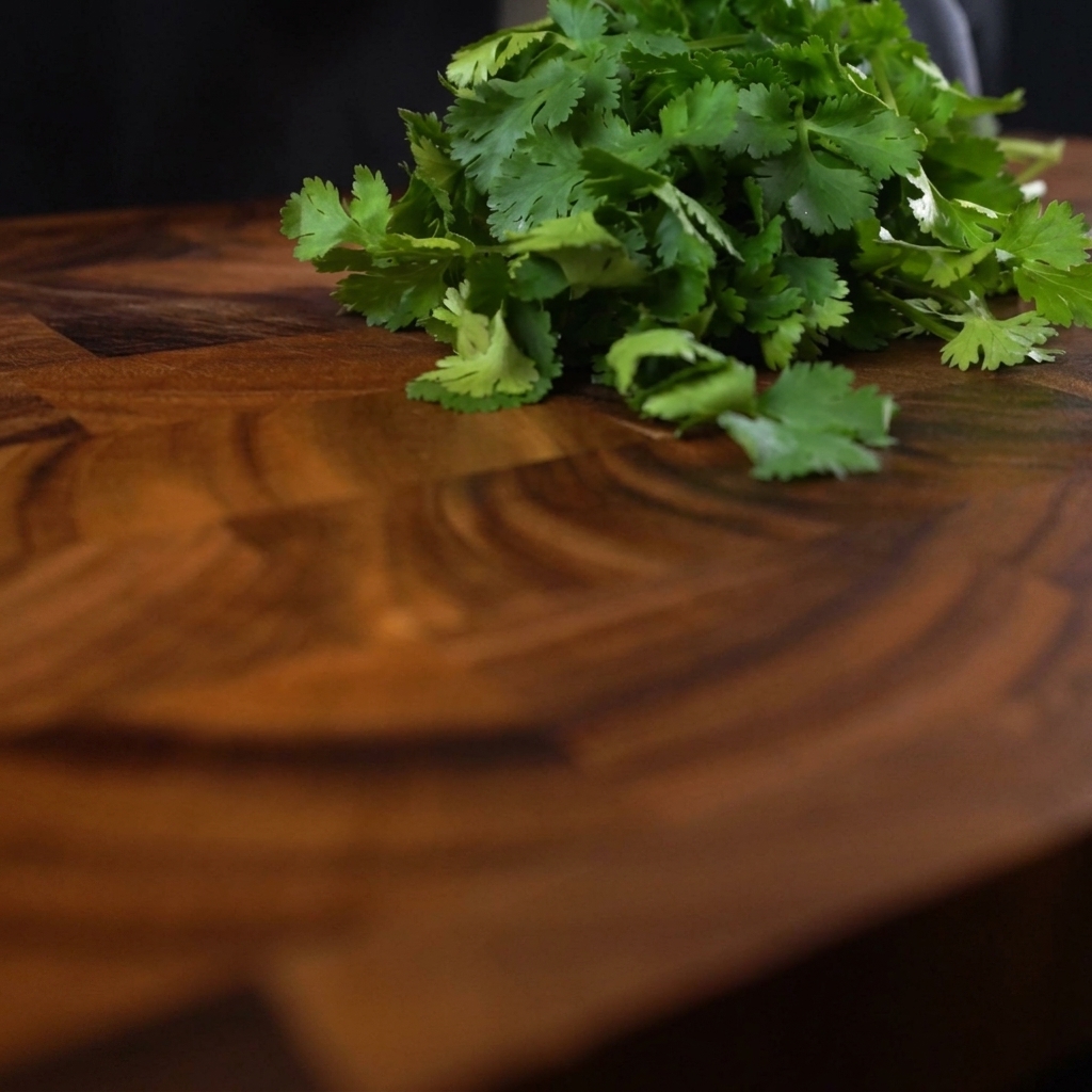 A close-up of fresh green parsley being finely minced on a dark wooden cutting board with a chefs knife.