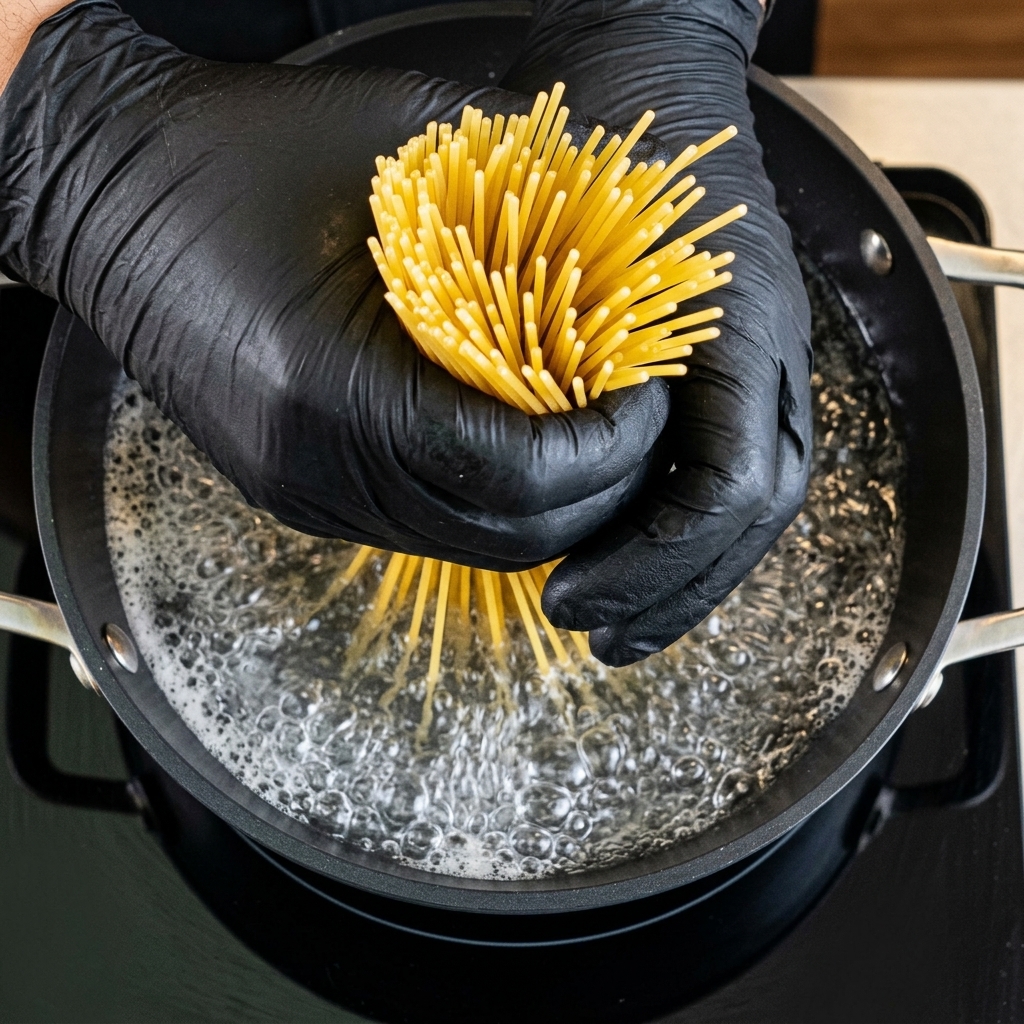 Gloved hands holding a bundle of dry spaghetti and placing it straight down into a pot of vigorously boiling water.