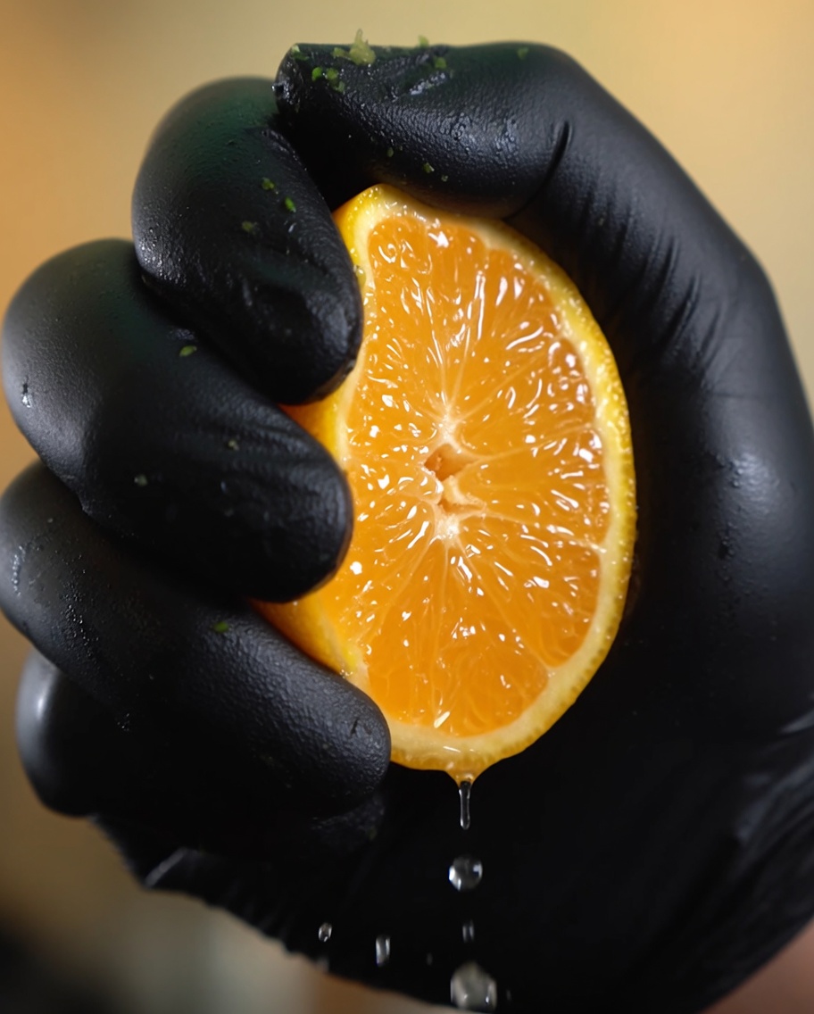 Fresh lemon juice being squeezed from a wedge onto the seasoned pasta in the pan.