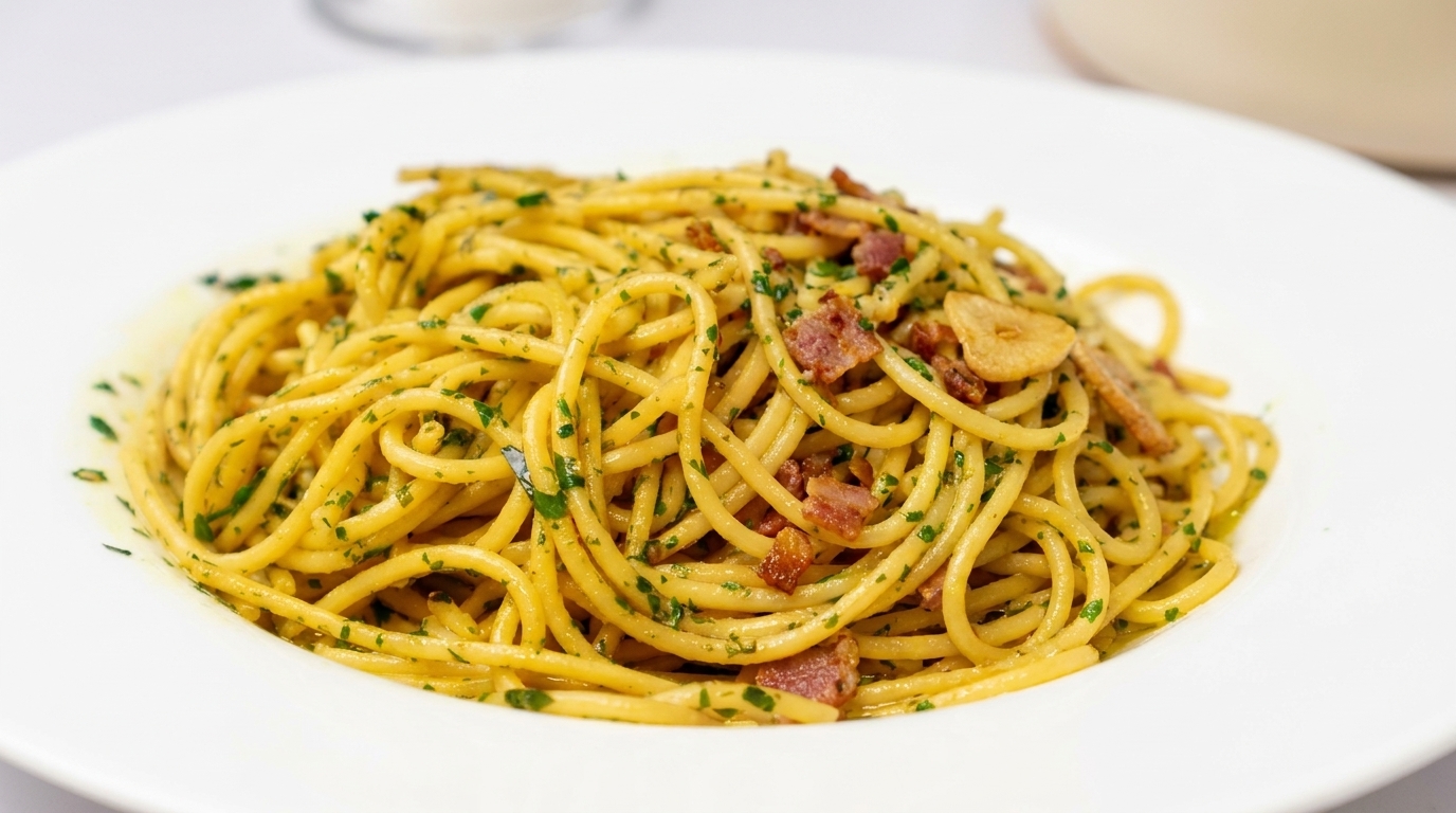 Classic Spaghetti Aglio e Olio with Crispy Bacon