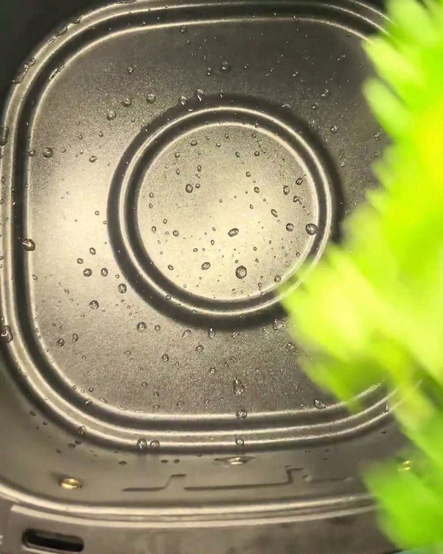 Green celery leaves falling into the empty, slightly damp black basket of an air fryer.