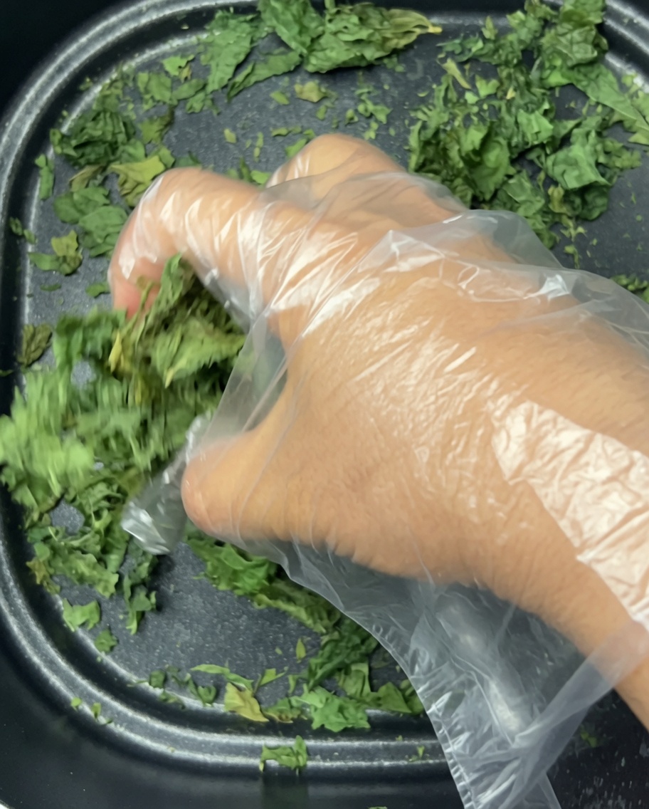 Dried, crispy celery leaves being crumbled by a gloved hand inside the black air fryer basket.