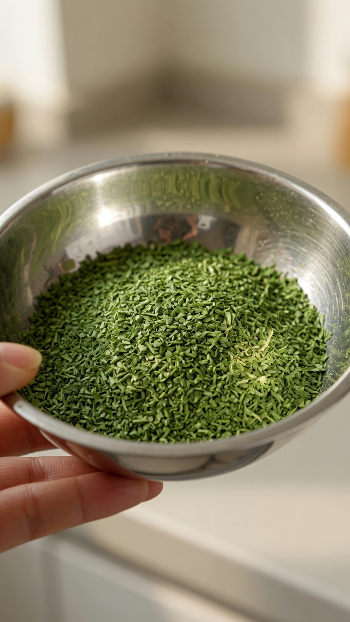 Finely crushed, vibrant green dried celery leaf seasoning ready for use.