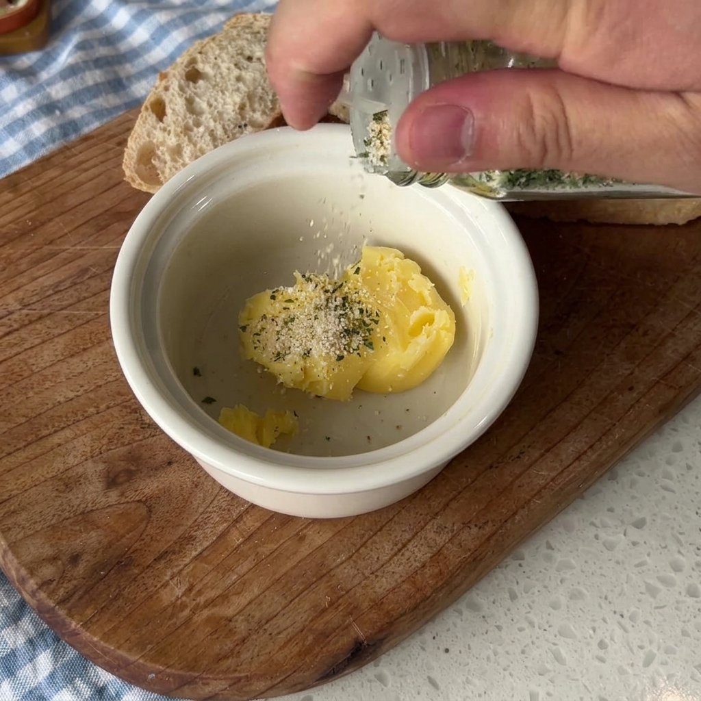 Close-up of minced garlic being added to a bowl containing butter and herb seasoning.