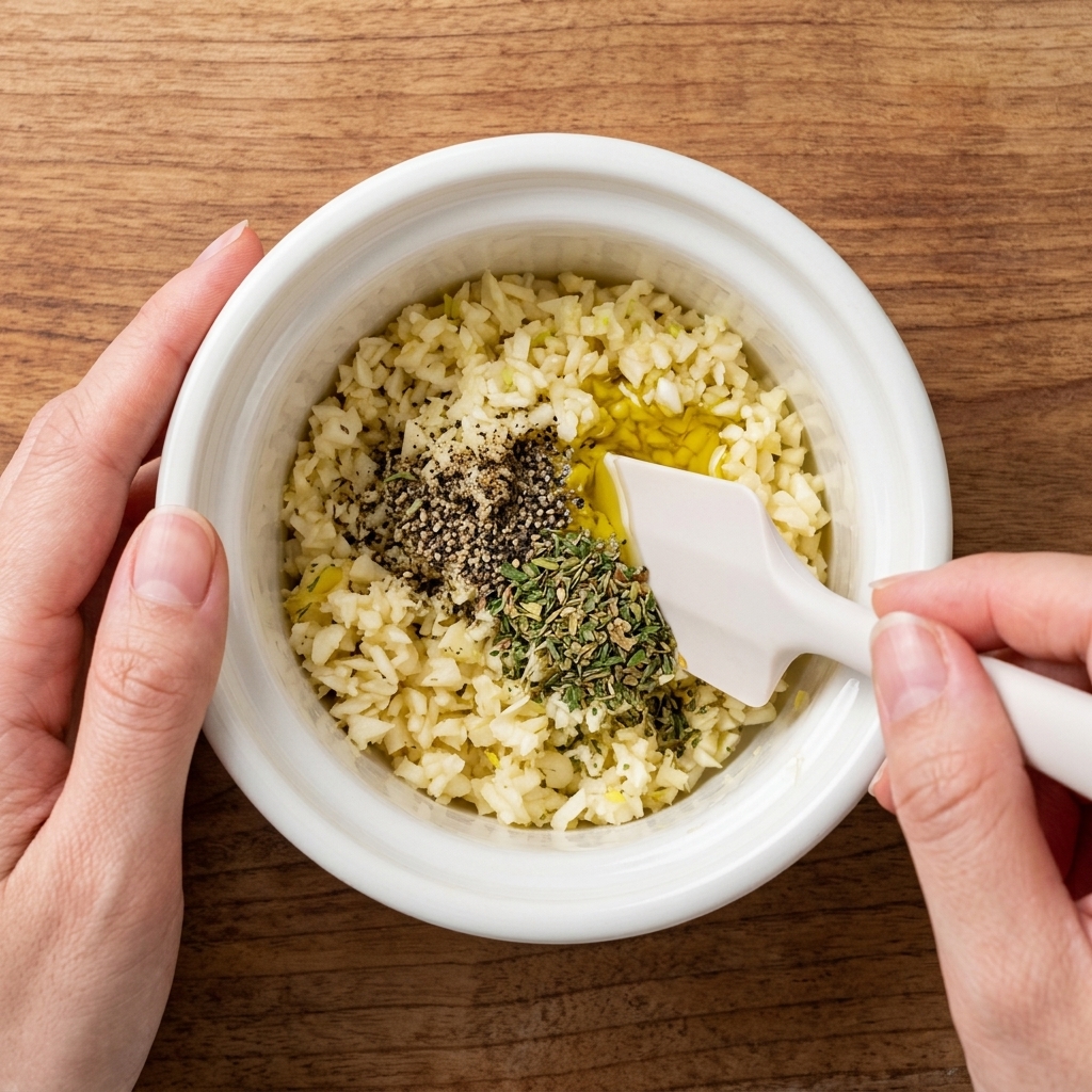 The garlic butter mixture being stirred in a ceramic bowl with a small white silicone spatula.