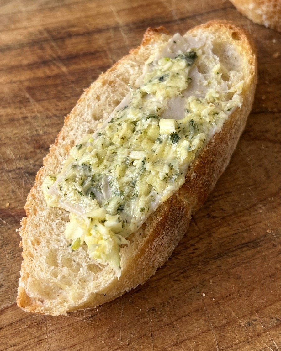A slice of baguette being generously coated with garlic butter sauce using a spatula.