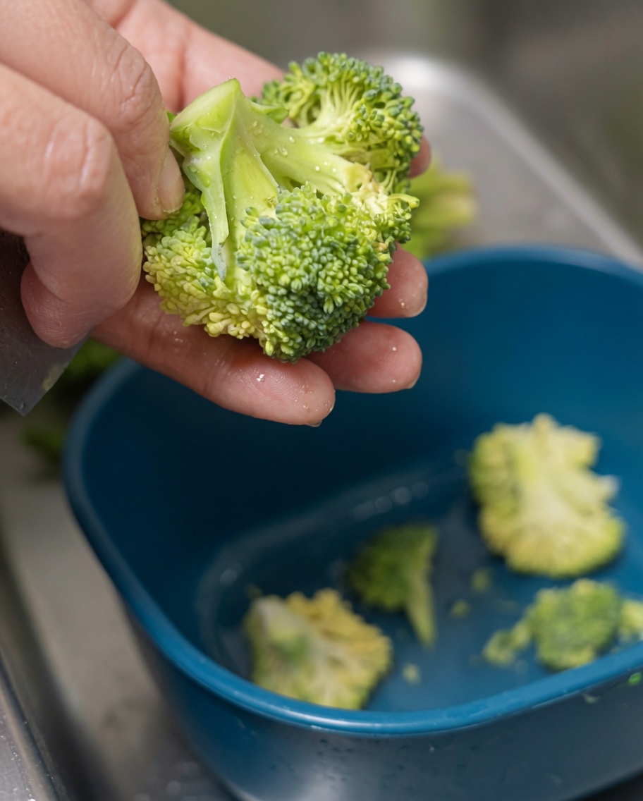 Fresh broccoli florets being rinsed and cut for cooking.