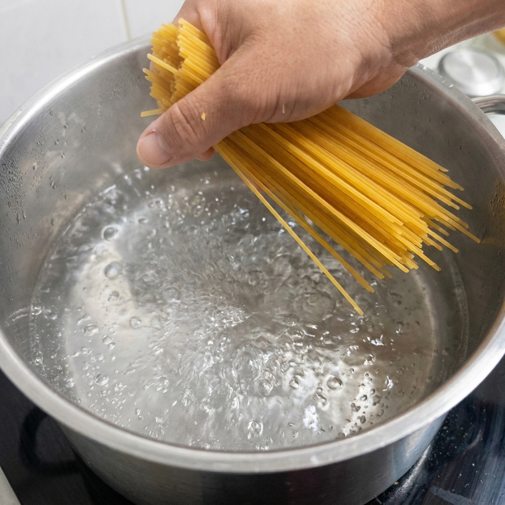 A handful of dry spaghetti being submerged into boiling water.
