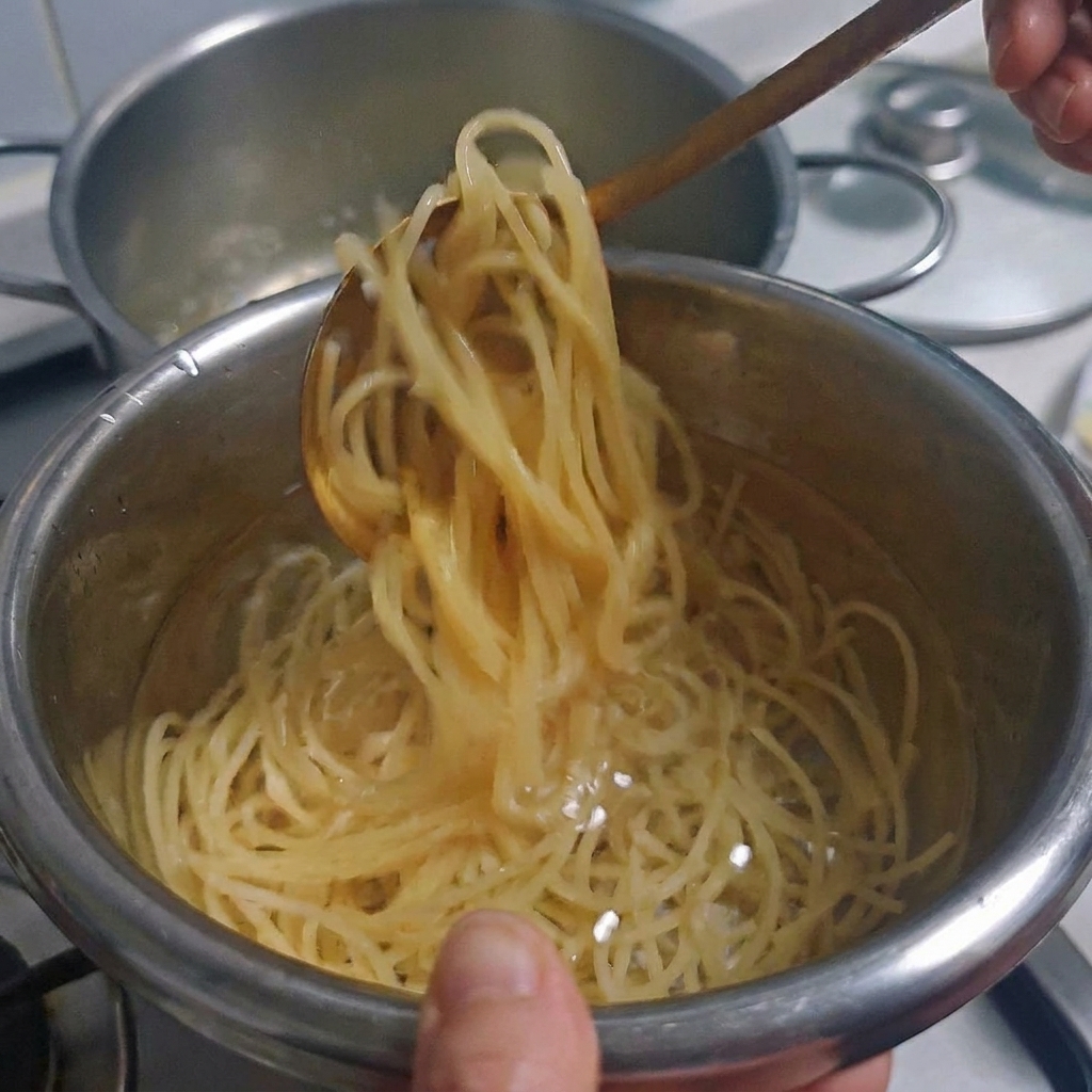 Cooked spaghetti strands being cooled in a bowl of water.