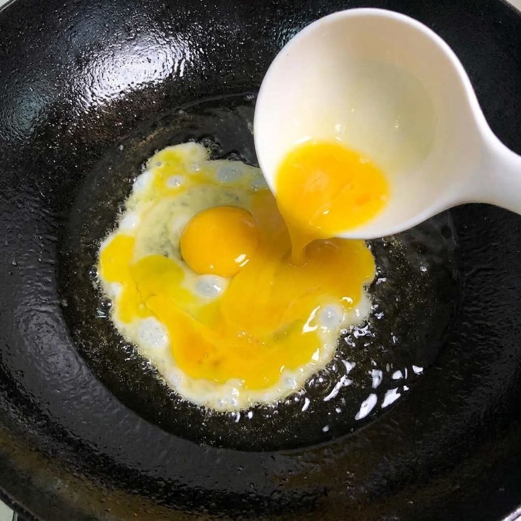 Eggs being scrambled in a hot cooking pan.