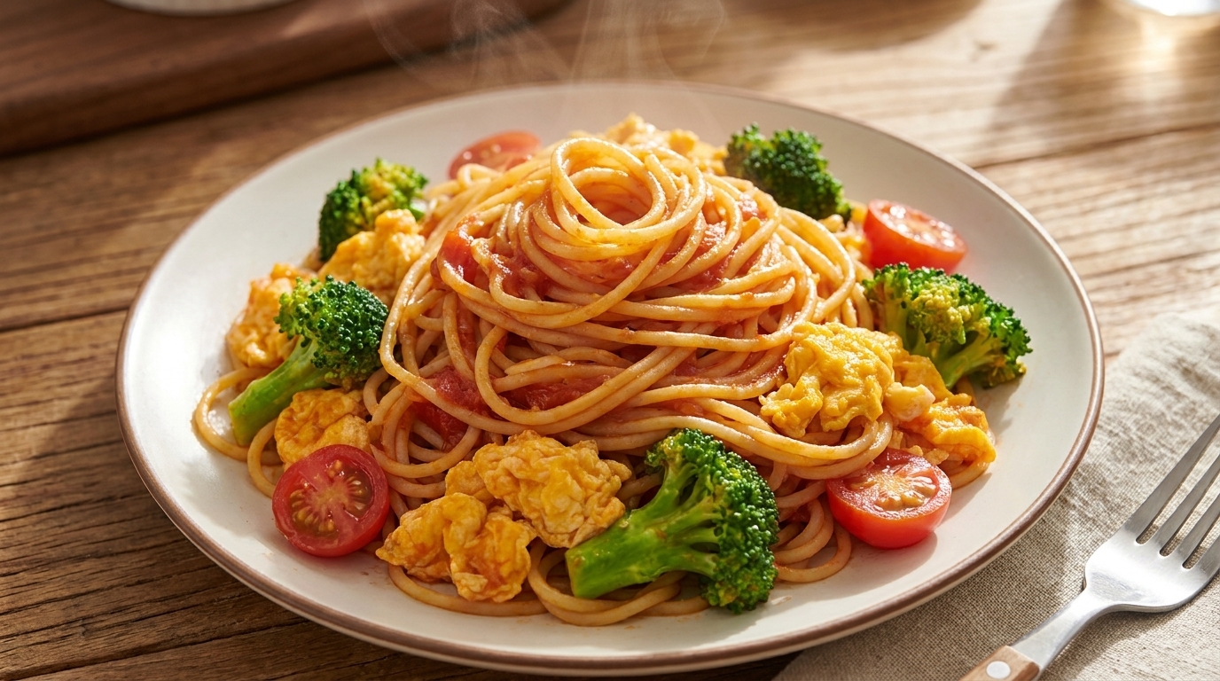A plate of tomato stir-fried spaghetti with scrambled eggs, bright green broccoli florets, and halved red cherry tomatoes.