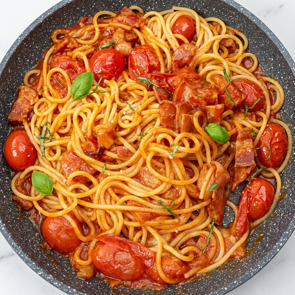 Shredded cheese being sprinkled over a pan of finished pasta with tomato and bacon sauce.
