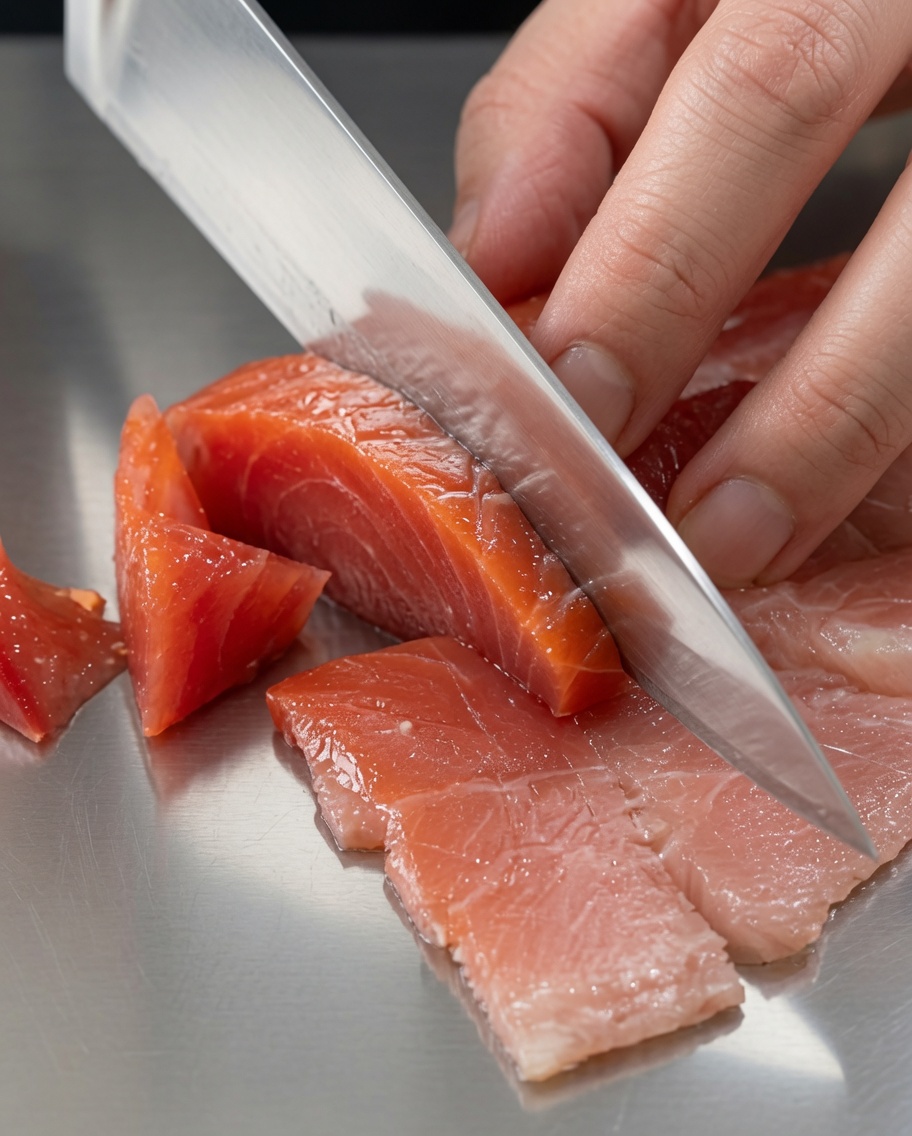 Small, sliced bacon pieces arranged on a cutting board.