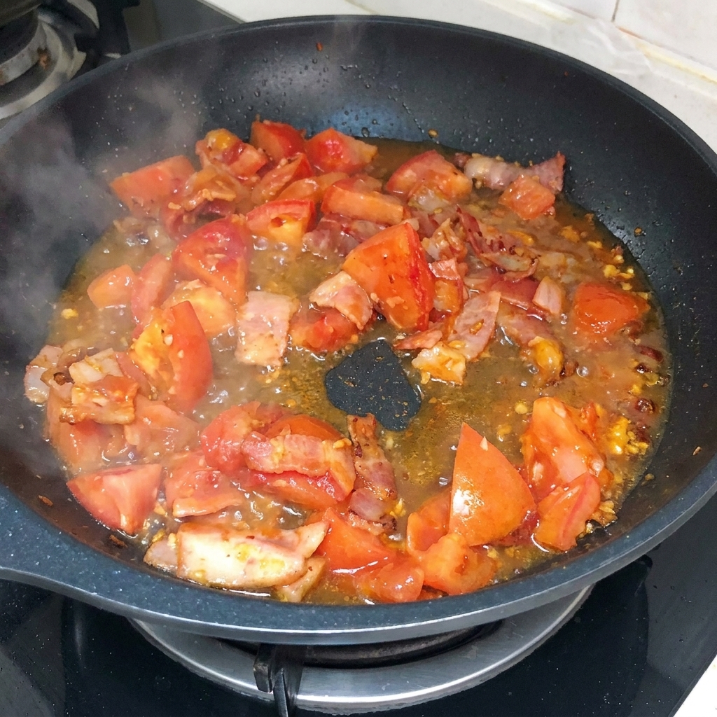 Hot water being poured into the pan over the simmering tomato, bacon, and garlic mixture.