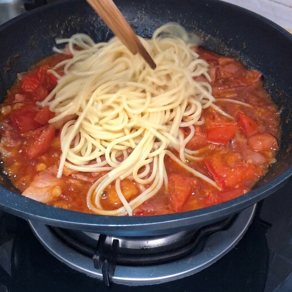Cooked pasta strands being added to the rich, simmering tomato and bacon sauce in the pan.