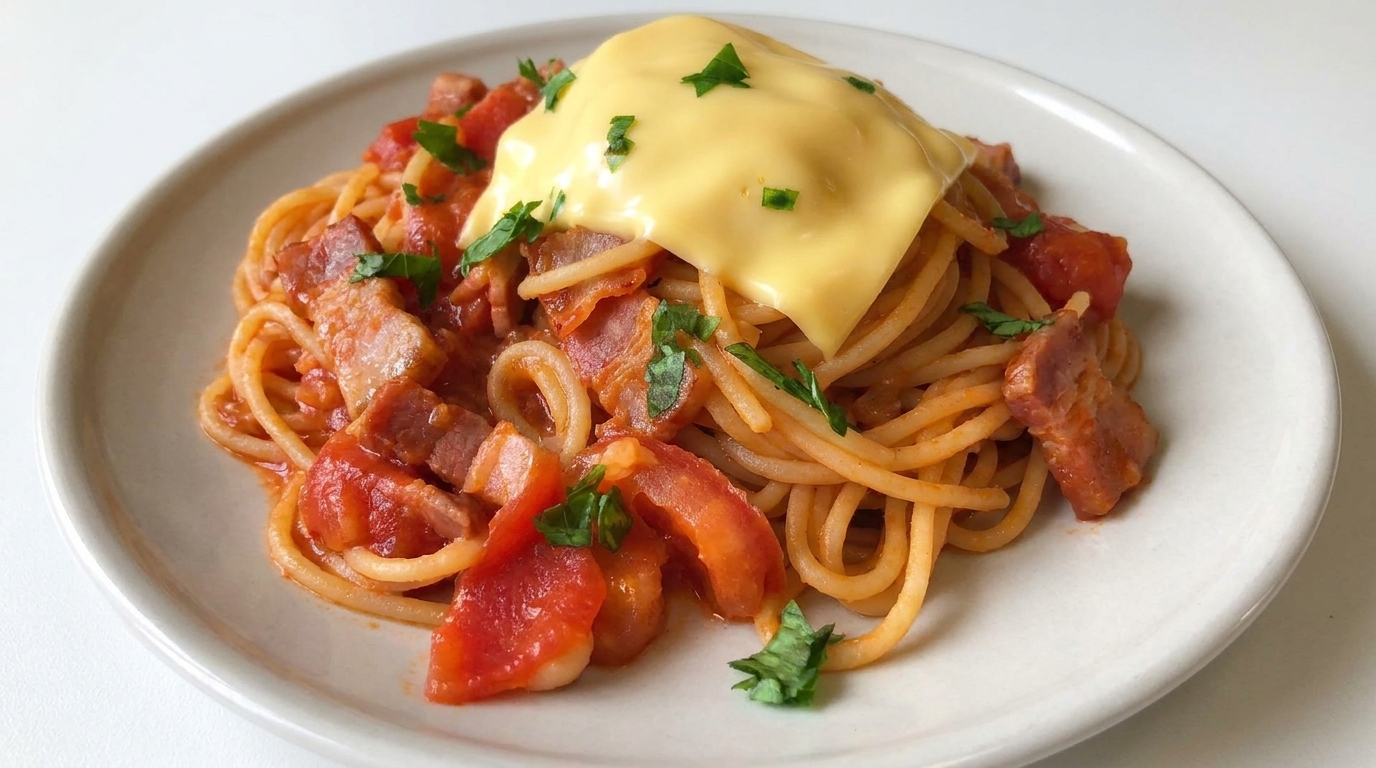 Easy Tomato Bacon Pasta with Melted Cheese