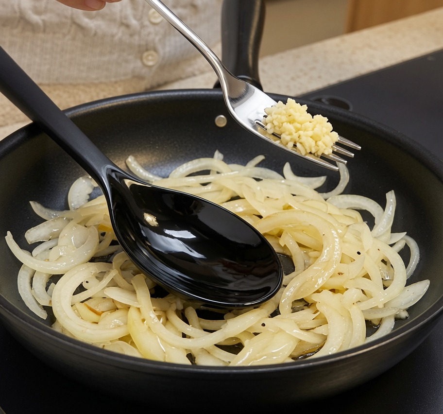 Adding a forkful of minced garlic into a skillet of sautéed onions.