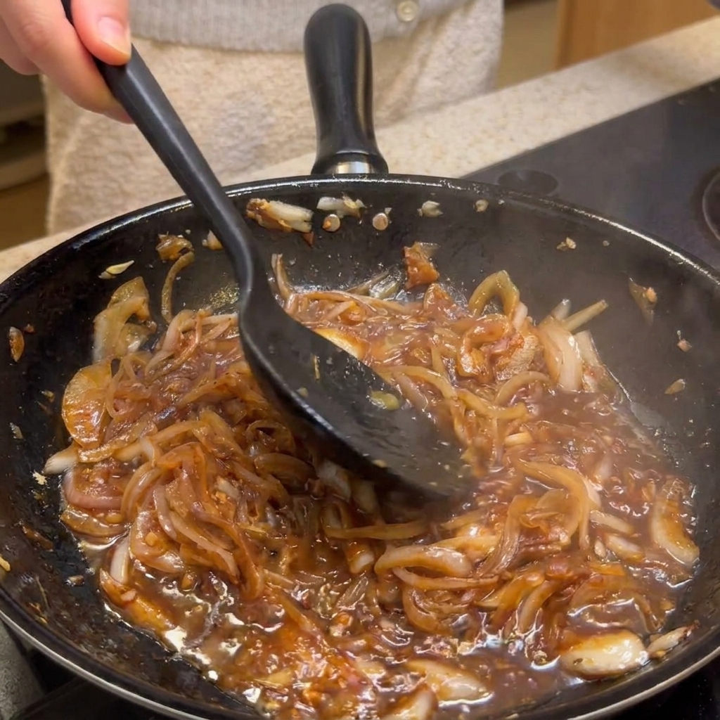 Pasta water and chili oil being added to a rich, dark onion sauce in a pan.