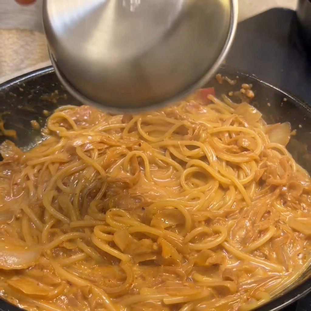 Crispy bacon pieces being added to a pan of creamy pasta for the final toss.