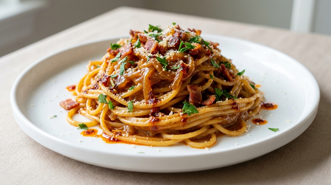 Caramelized Onion & Bacon Spicy Cream Pasta