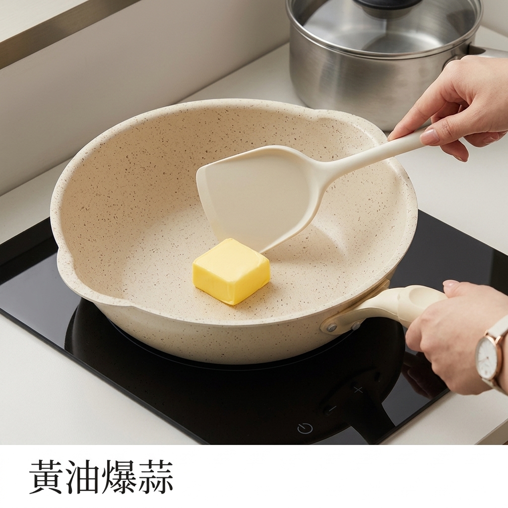A knob of yellow butter melting in a non-stick pan with thin slices of garlic beginning to sizzle.