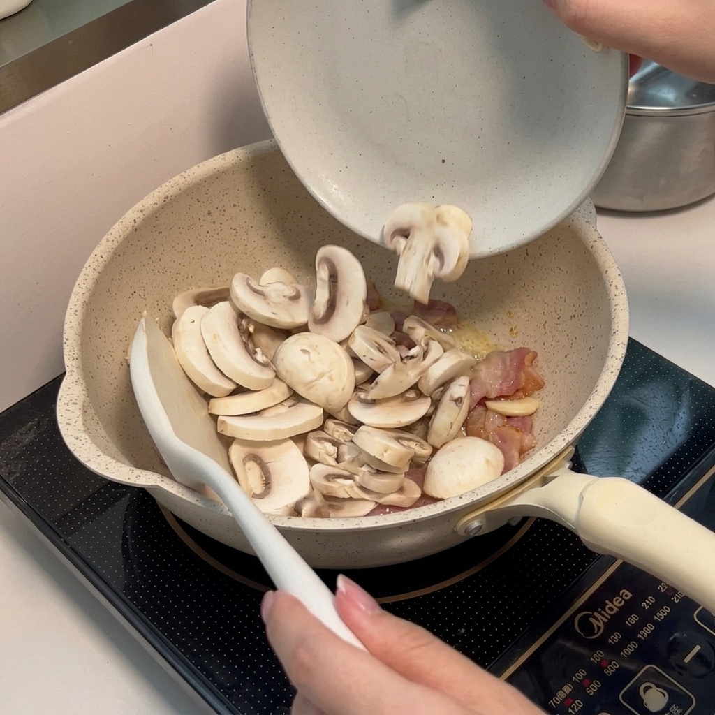 Sautéed garlic, crispy bacon, and golden-brown sliced mushrooms in a non-stick pan.