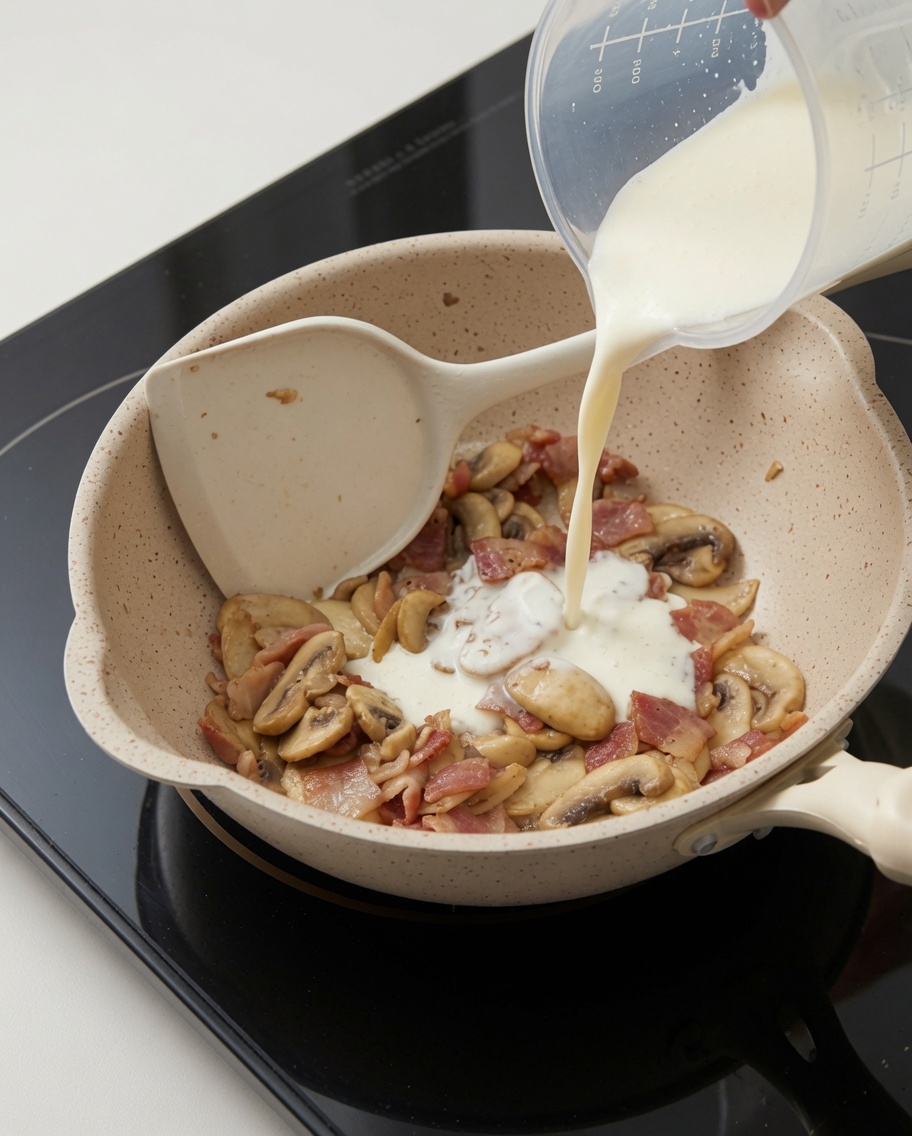 Creamy sauce base bubbling in a pan with mushrooms and bacon pieces.
