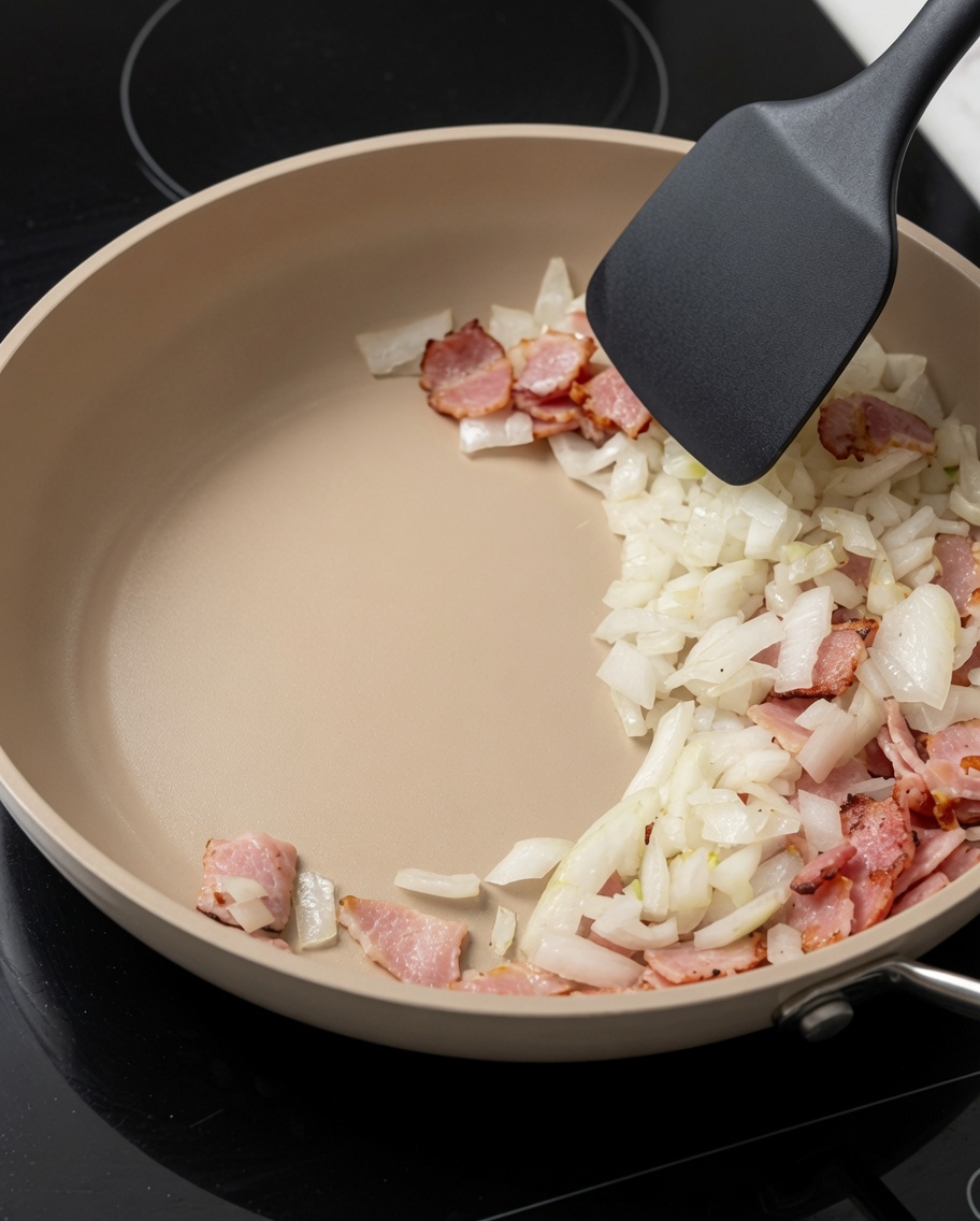 Water being poured into the pan containing the bacon and onion mixture.