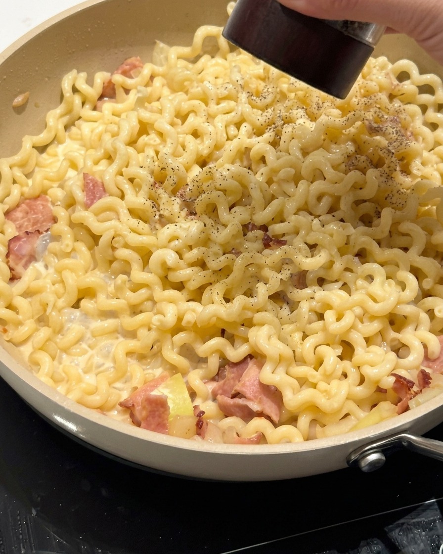 Tongs mixing creamy curly noodles in a pan with bacon and sauce.