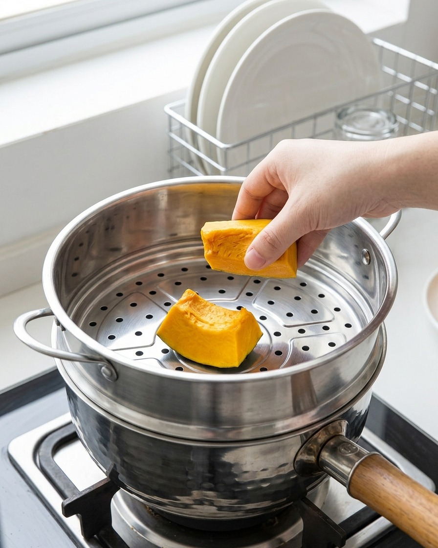 Cubed pumpkin pieces arranged in a metal steaming basket ready to be steamed over boiling water.