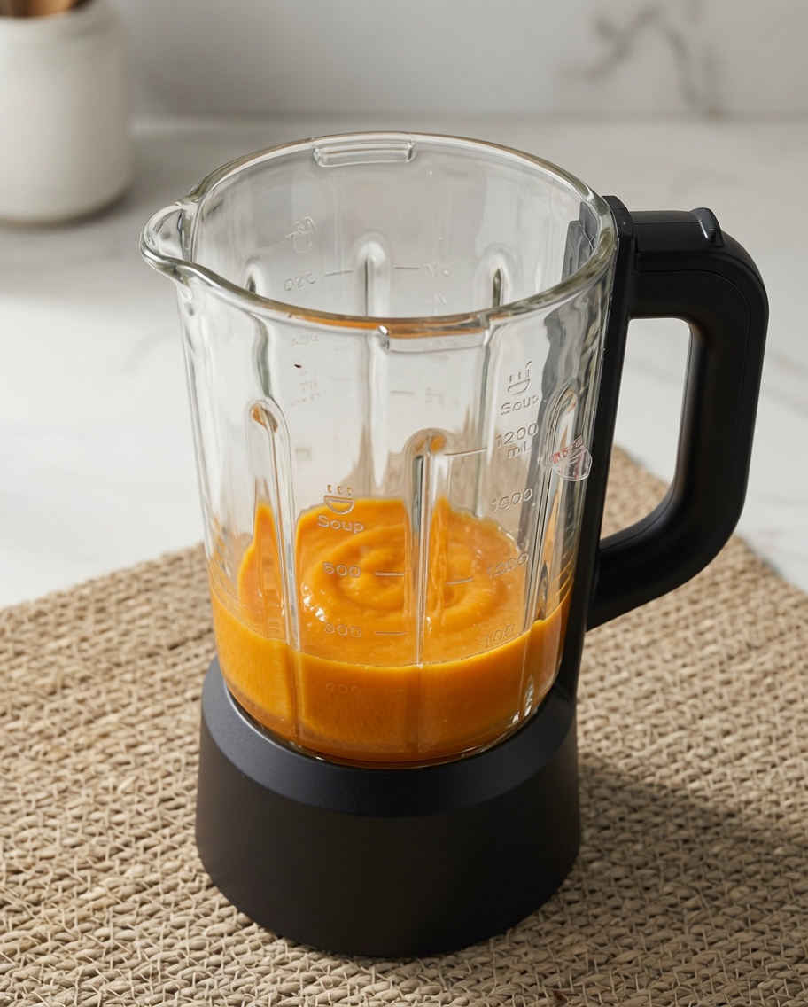 Smooth, creamy orange pumpkin sauce being blended in a glass blender pitcher.