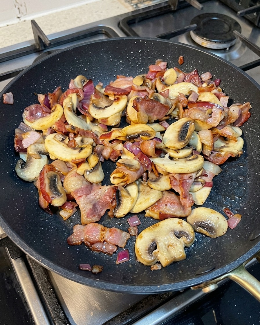 Spaghetti being tossed into a skillet with sautéed mushrooms, onions, and bacon pieces.