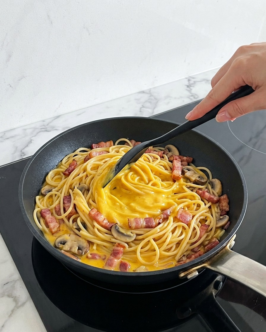 A black spatula mixing cooked spaghetti with creamy yellow pumpkin sauce and bacon in a pan.