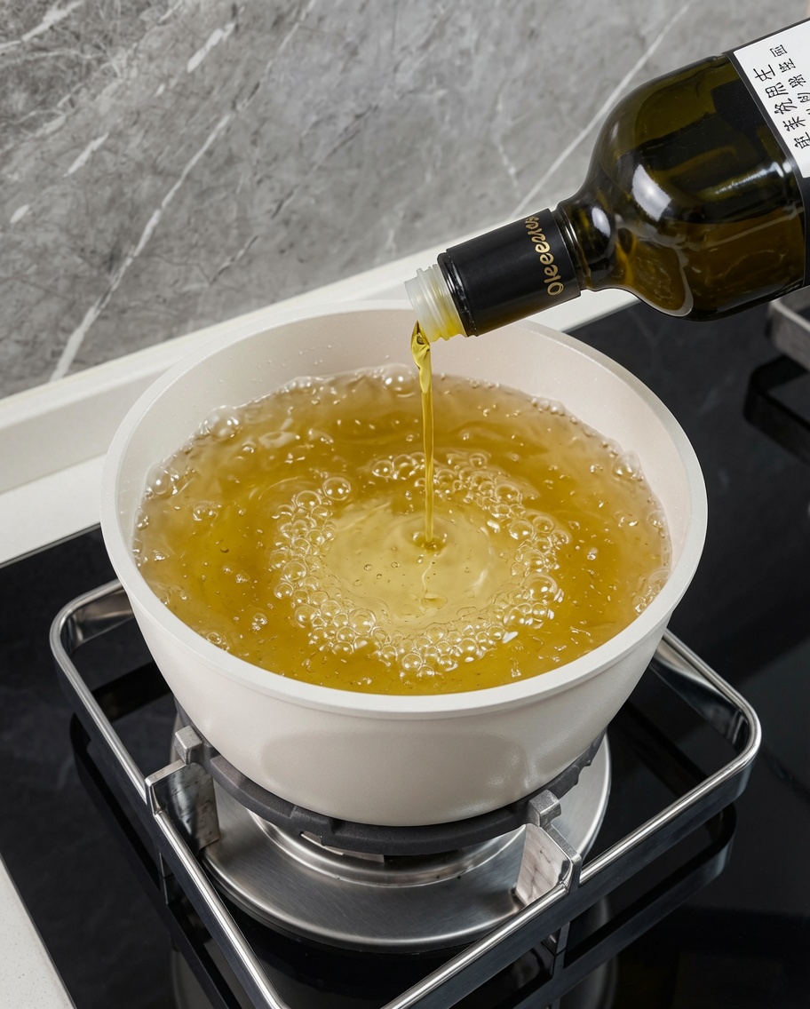 Spaghetti cooking in a pot of boiling water with olive oil on a stovetop.