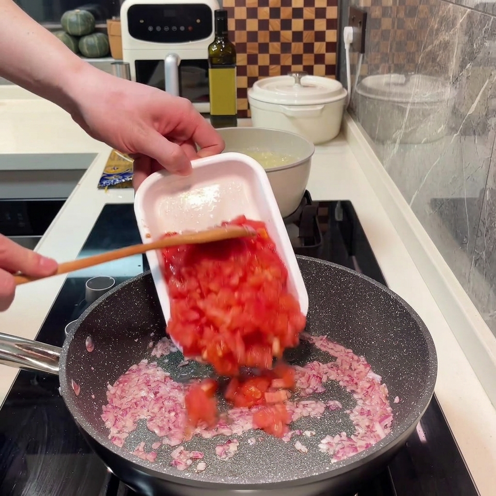 Diced tomatoes being cooked in a pan until they release their juices.