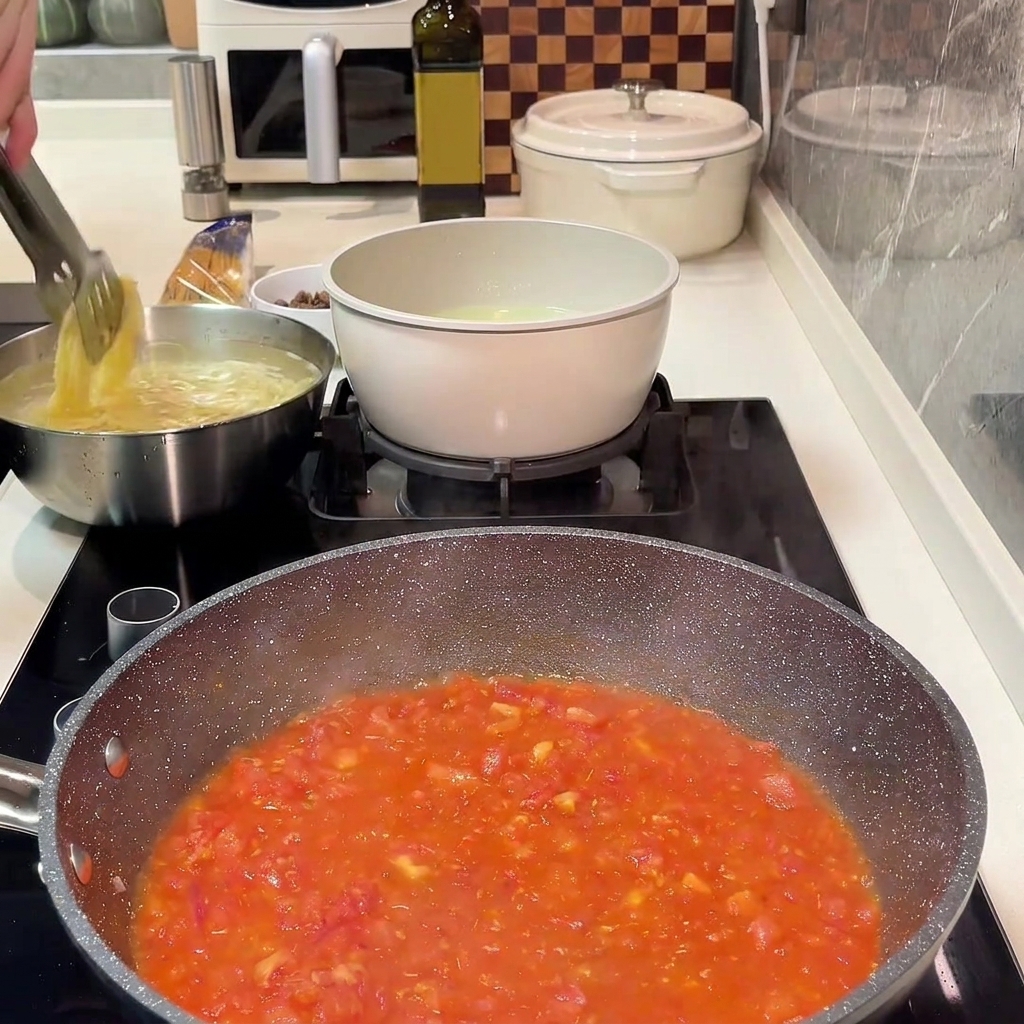 Ground beef mixed back into the tomato and onion base in the pan.