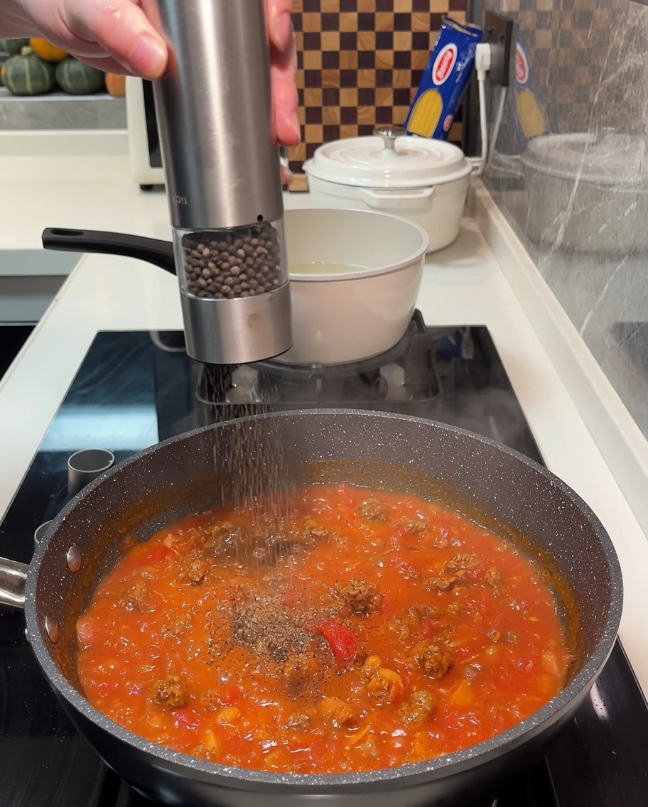 Tomato ketchup and seasonings being added to the meat sauce in the pan.
