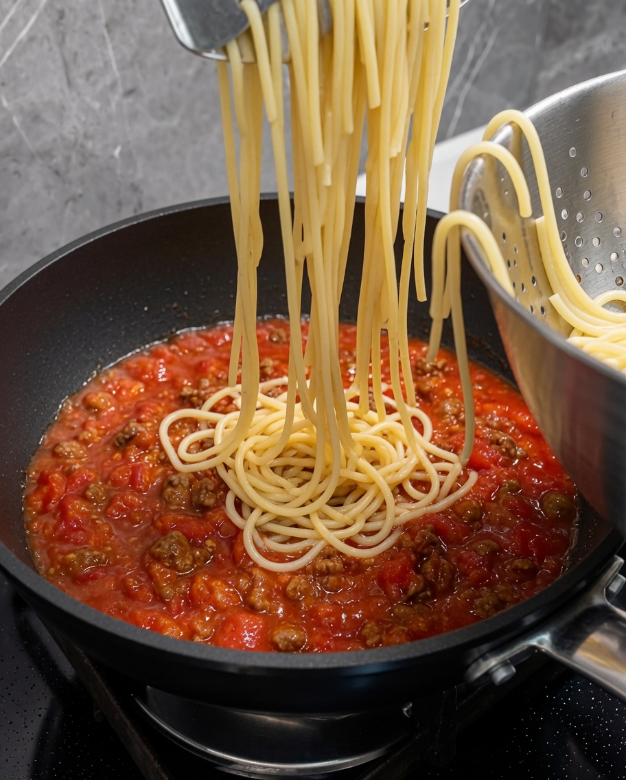 Cooked spaghetti noodles being added to a pan with a hearty red meat sauce.