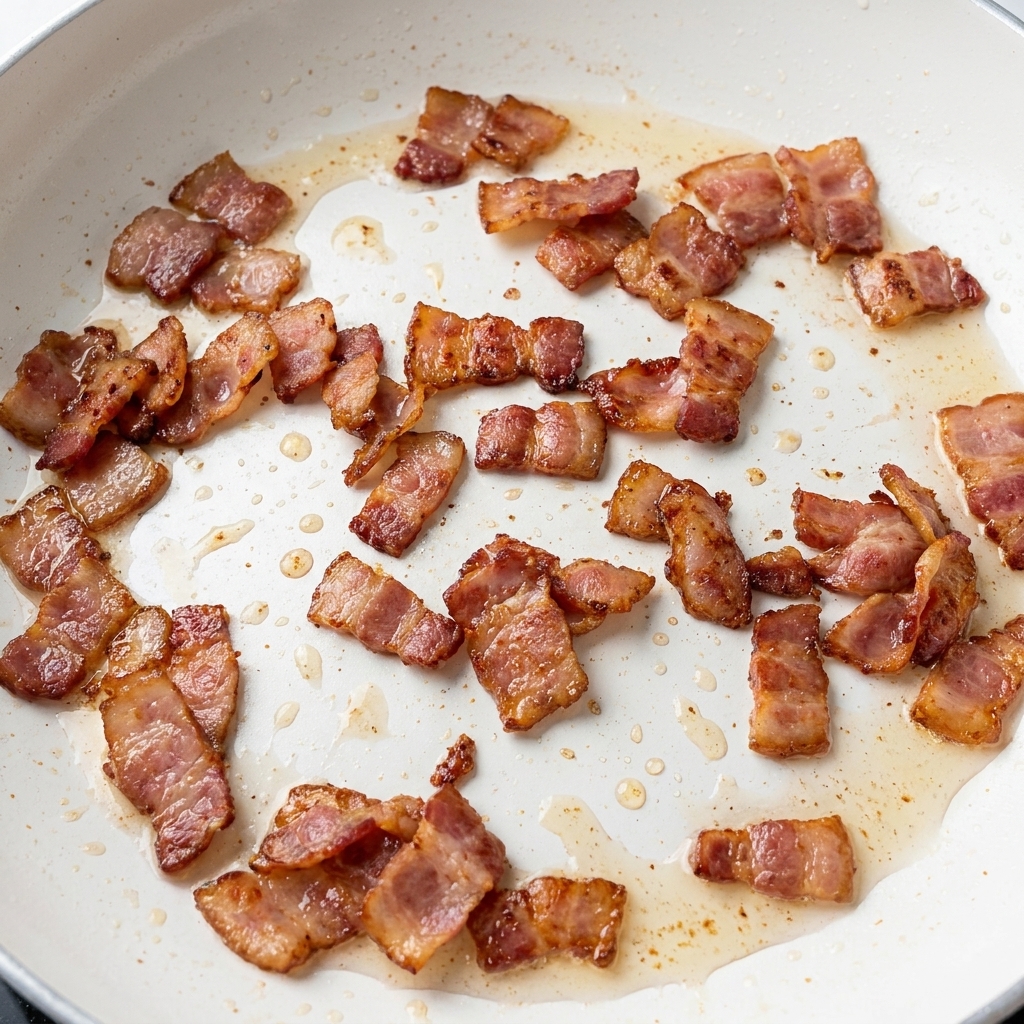 Crispy guanciale pieces sizzling in rendered fat in a pan.