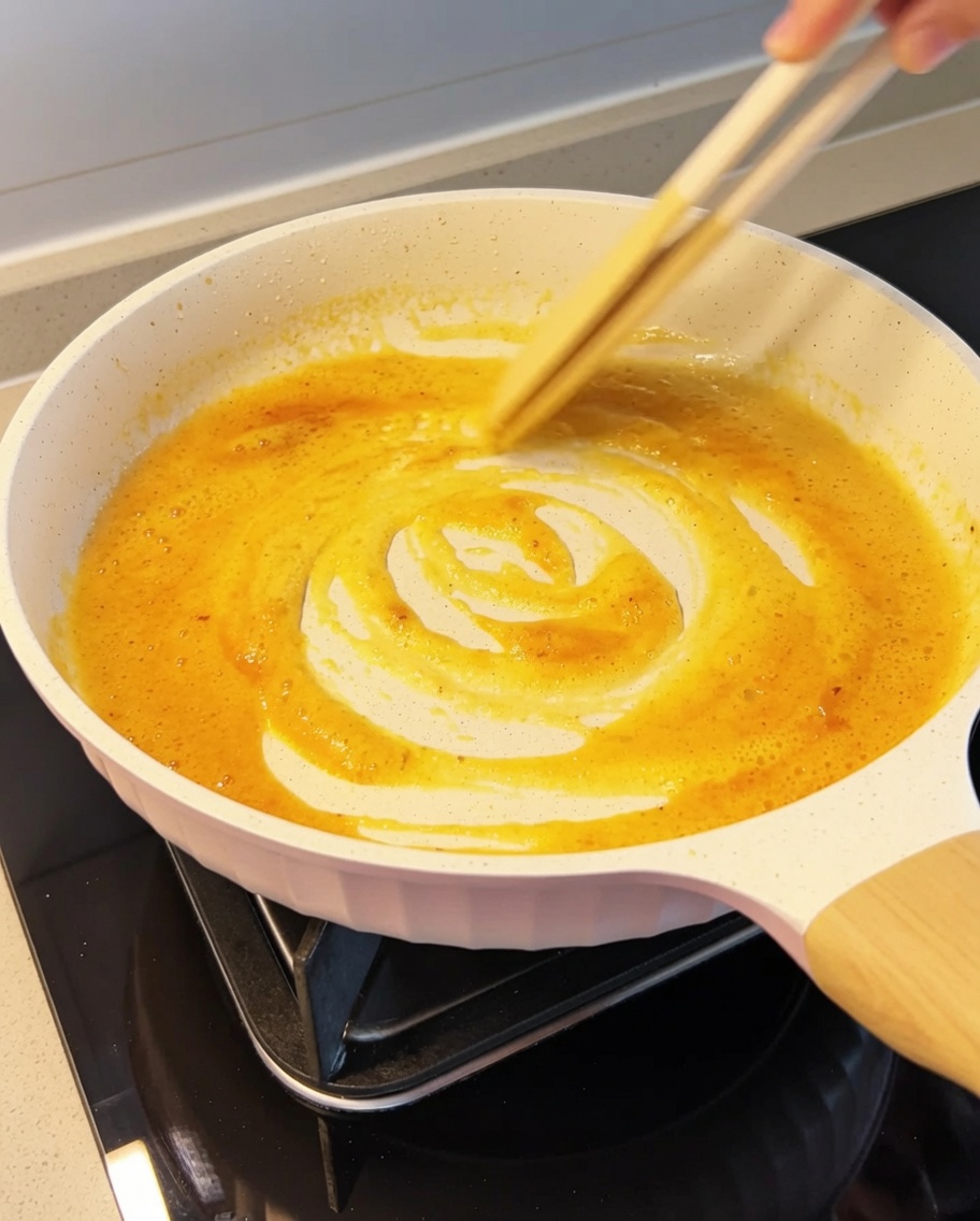 Cream being poured into the pan and mixed with the egg yolk base.