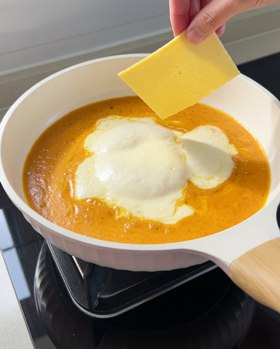 A slice of processed cheese melting into the orange-hued creamy sauce.
