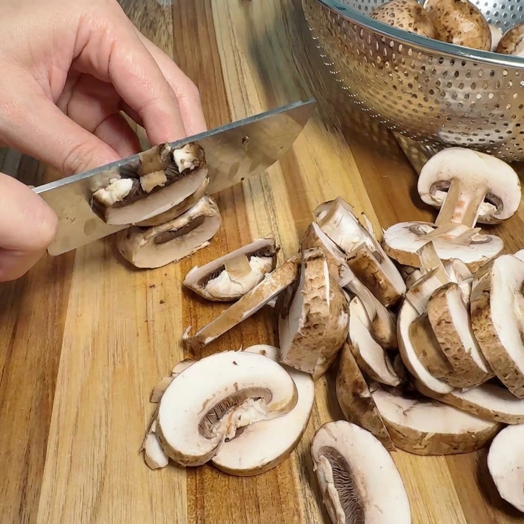 A stack of fresh mushrooms being sliced into thin, even pieces with a kitchen knife.
